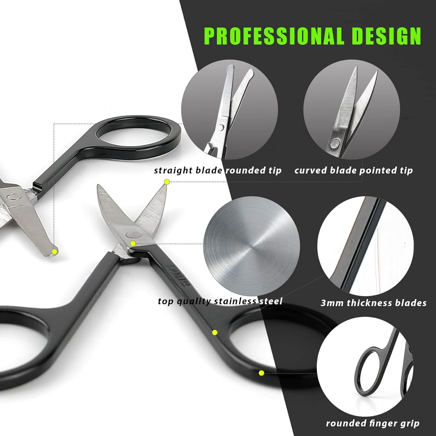 Facial Hair Small Grooming Scissors For Men Women - Eyebrow, Nose Hair, Mustache, Beard, Eyelashes, Ear Trimming Kit - Curved and Rounded Safety Tip Clippers For Hair Cutting - 2PCS Silver