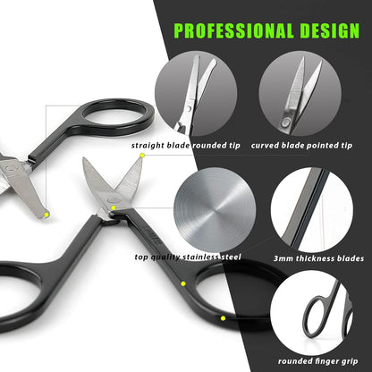 Facial Hair Small Grooming Scissors For Men Women - Eyebrow, Nose Hair, Mustache, Beard, Eyelashes, Ear Trimming Kit - Curved and Rounded Safety Tip Clippers For Hair Cutting - 2PCS Silver