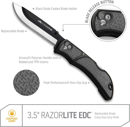 OUTDOOR EDGE 3.5" RazorLite EDC Knife. Pocket Knife with Replaceable Blades and Clip. The Perfect Hunting Blade for Skinning Deer. Blaze Orange with 6 Blades