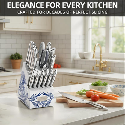 KnifeSaga Kitchen Knife Set - Phantom Iris X5 Knife Block Set - Top-tier Performance, 15 Pcs Premium High Carbon Stainless Steel Knife Set with Block and Sharpener, Professional Chef Knives Set