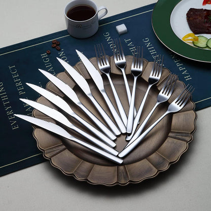 Gold Steak Knives Set 12 Piece, Premium Stainless Steel 6 Dinner Forks and 6 Dinner Knives Set, Steak Knives Steak Forks for 6 Person, Dishwasher Safe (Shiny Gold)