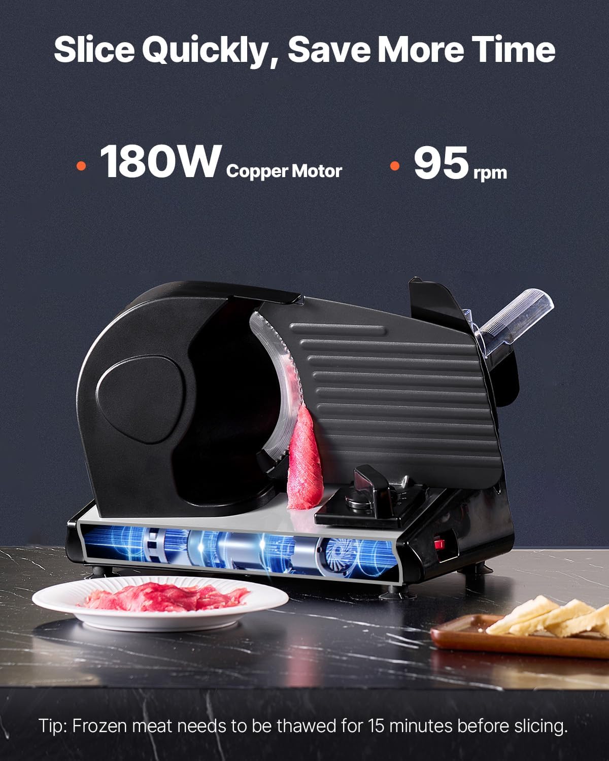VEVOR Meat Slicer, 7.5 inch Electric Deli Food Slicer, 180W Meat Cutter with two Premium SUS420 Blades, 0-0.6 inch Adjustable Thickness, ETL Certified Food Slicer Machine for Home Use