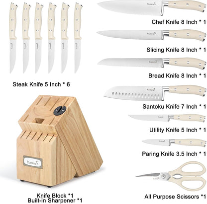 Kuisine Knife Set with Block and Sharpener, High Carbon Stainless Steel Chef Knife block Set for Kitchen（15 PCS Pro White）