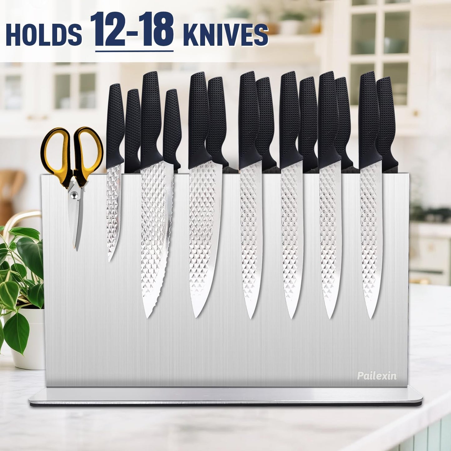 Magnetic Knife Block Without Knives—Stainless Steel Double-Sided Magnetic Knife Holder Stand with Strong Magnets, Knife Storage Organizer for Kitchen Counter top