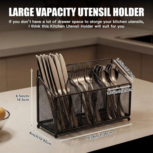 Metal Utensil Caddy Silverware Caddy, Black Silverware Holder for Countertop Flatware Utensil Cutlery Organizer Container for Spoon Fork Knives Kitchen Outdoor Party Camping Picnic Storage