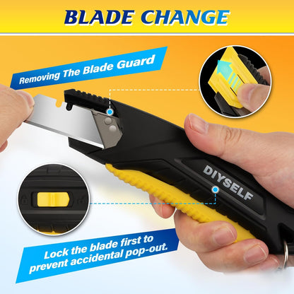 DIYSELF Safety Box Cutter Retractable with Holster, Self Retracting Utility Knife with 10 SK5 Blades, Box Opener Razor Knife, Non-Slip Grip Work Knife for Warehouse Retail Home, Navajas Para Trabajo