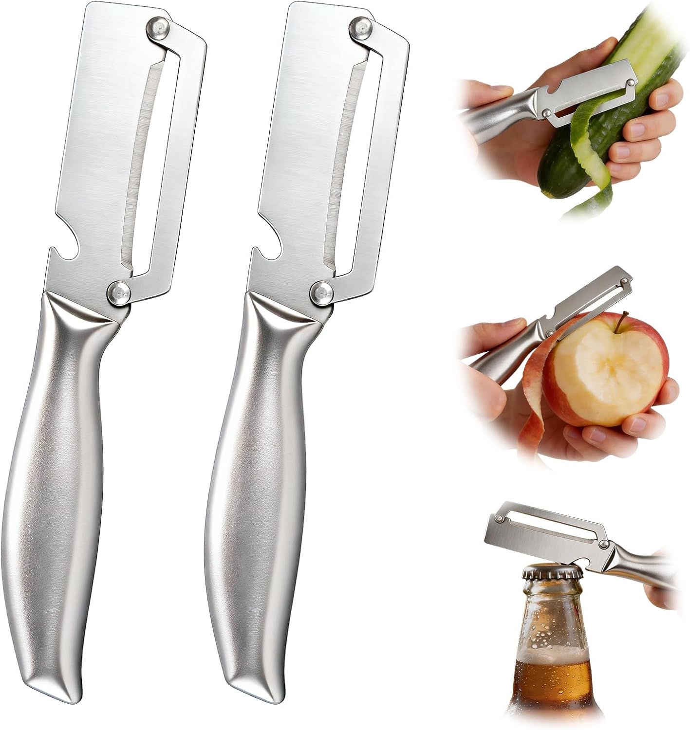 Multifunctional Vegetable Peeler, 2 in 1 Stainless Steel Fruit Veggie Peeler, Handheld Potato Peeler Knife with Bottle Opener Kitchen Tool for Peeling Carrrot Pineapple Pumpkin Papaya(2 Pack)