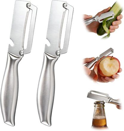 Multifunctional Vegetable Peeler, 2 in 1 Stainless Steel Fruit Veggie Peeler, Handheld Potato Peeler Knife with Bottle Opener Kitchen Tool for Peeling Carrrot Pineapple Pumpkin Papaya(2 Pack)