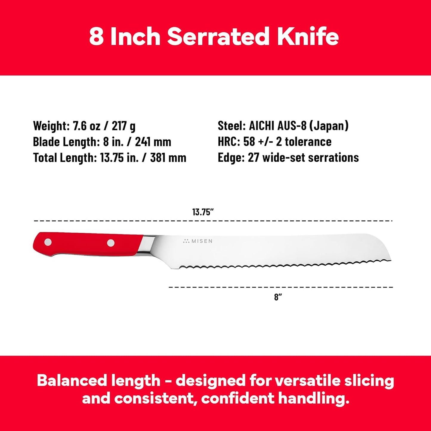 Misen Serrated Bread Knife - High-Carbon Japanese AUS8 Steel - Perfect for Soft Foods, Bread, Pastries, and Fruits - Verstatile Slicer, Razor-Sharp Edge, Durable Blade, Ergonomic Handle - 5", Blue