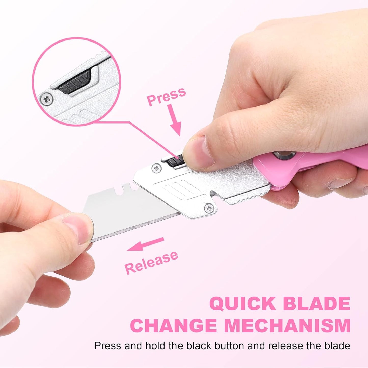 TOPLINE 2-Pack Pink Utility Knife Set, Retractable Pink Box Cutter and Pocket Folding Utility Knife, Blade Storage Design, 18-Piece SK5 Blades and a Dispenser Included