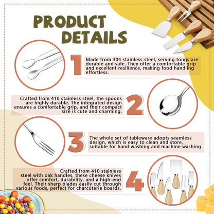 Charcuterie Boards Accessories Gold Charcuterie Utensils Cheese Butter Spreader Knife Set with Wooden Handles Small Serving Tongs Mini Forks and Spoons Flags Toothpick for Party Platter Appetizers