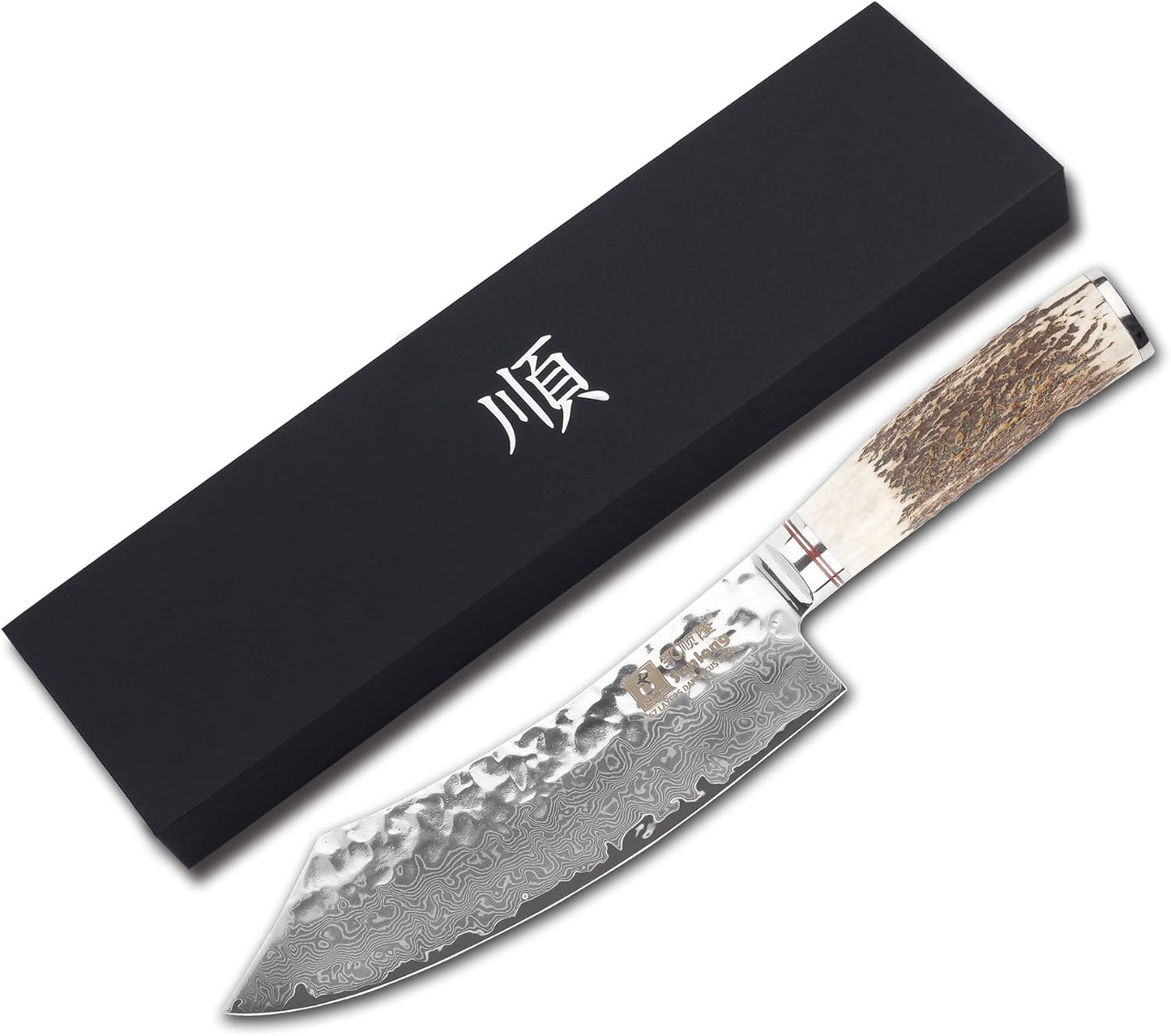 SUNLONG Usuba & Nakiri Knife 6.5 inch Fruit and Vegetable Knife Japanese Hammered Damascus Steel Super sharp - Natural Deer Horn Handle