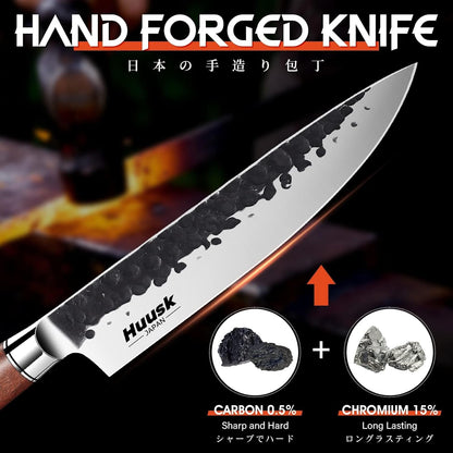 Huusk Butcher Knife Set of 3- Japanese Knife Set for Meat Cutting, Hand Forged Viking Knives Sets with Meat Cleaver, Heavy-Duty Kitchen Knives Sets for Bone BBQ Vegetable, Gift Idea for Men & Women