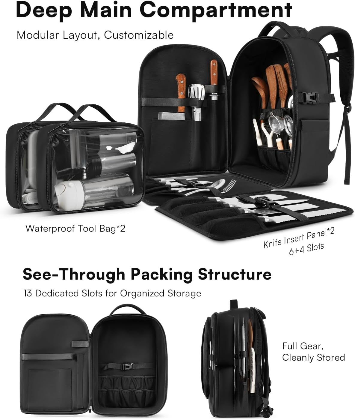 Chef Knife Backpack with Waterproof Pocket, 30+ Pockets for Knives and Tools, Knife Bags for Chefs Professional Culinary Apprentice Private Chefs, Pocket for Tablet Laptop (Knife Not Included)