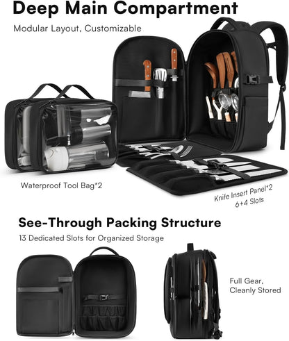 Chef Knife Backpack with Waterproof Pocket, 30+ Pockets for Knives and Tools, Knife Bags for Chefs Professional Culinary Apprentice Private Chefs, Pocket for Tablet Laptop (Knife Not Included)