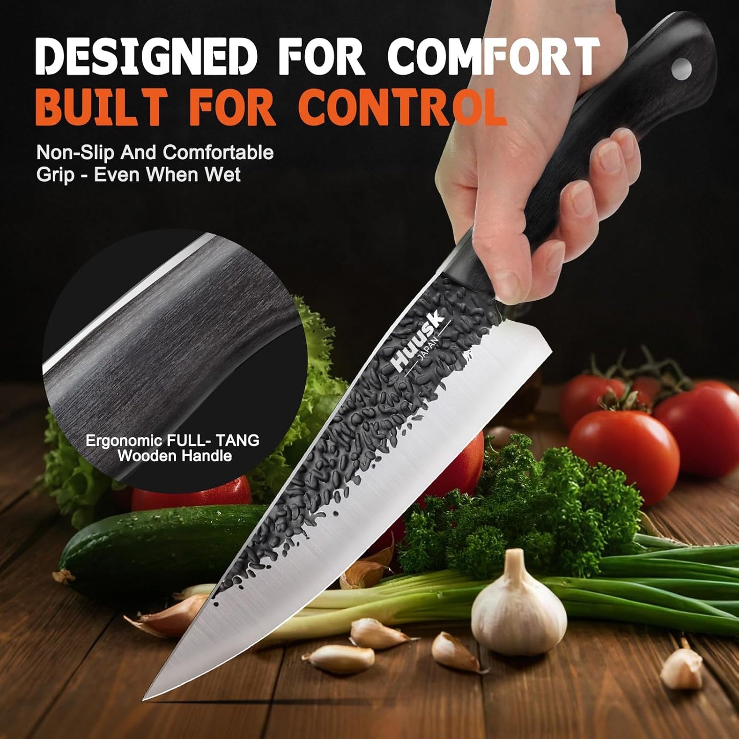Huusk Japanese Chef Knife Set - Hand Forged Kitchen Knives for Meat Cutting - ATS-34 Carbon Steel Knives Set with Wooden Handle - Viking Cooking Knife Sets for BBQ Christmas Gift for Men and Women