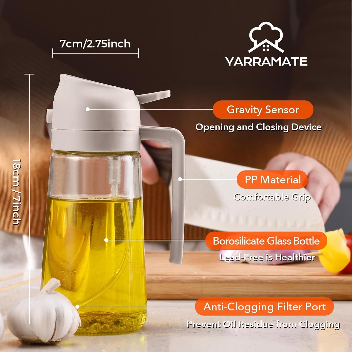 YARRAMATE 16oz/470ml Glass Olive Oil Sprayer for Cooking with Stickers, 2 in 1 Oil Dispenser for Kitchen Gadgets, Food Grade Premium Spray Bottle for Salad, Frying, BBQ (Creamy White)