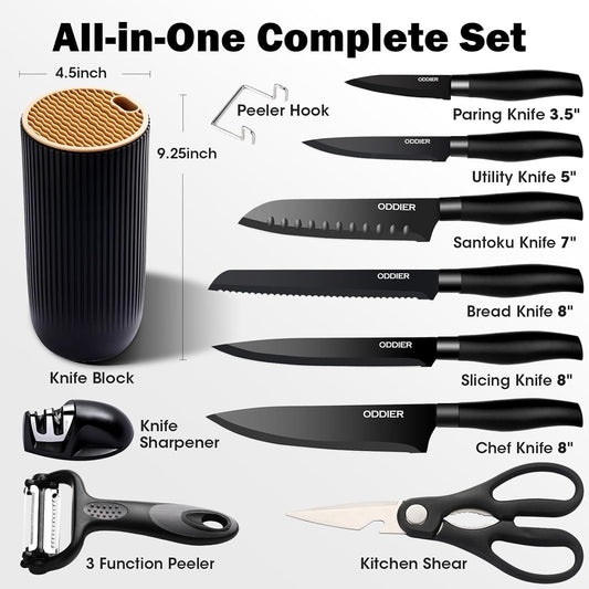 Knife Set, 10 Piece Kitchen Knife Set with Block and Sharpener, Anti-Rust Stainless Steel Knives Set for Kitchen, Chef Universal Knife Block Set, Dishwasher Safe, Ergonomical Design, Black