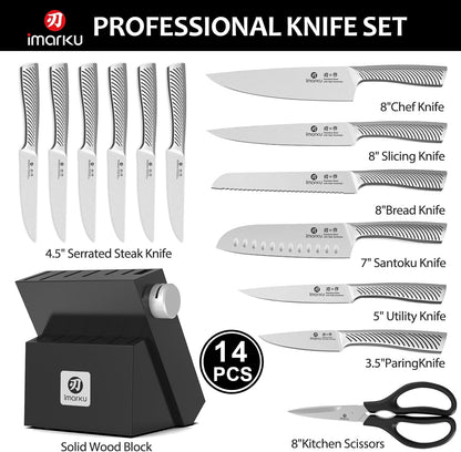 imarku 14-Piece Knife Block Set, Knife Set with Block and Build-in Sharpener, Japanese Stainless Steel Knife Set for Lasting Sharpness, Dishwasher Safe, Black