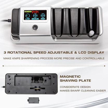 Professional 3-Stage Electric Knife Sharpener for Kitchen Knives, LCD Screen, 100% Diamond Abrasive, Adjustable Rotational Speed, Precision Angle Guides for All Kitchen Knives