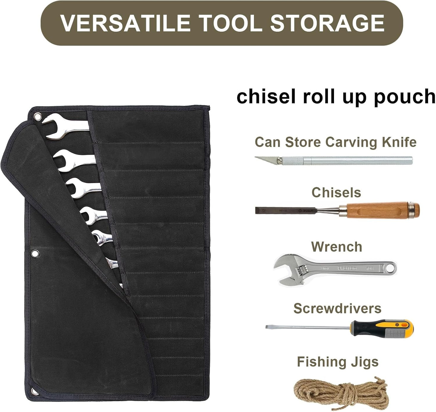 Chisel Roll,6 Pockets Roll Up Tool Pouch,Waxed Canvas Small Tool Roll Organizer and Wrench Roll Up Pouch,Store Chisel,Wrench,Pliers,Carving Knife (12-Brown)