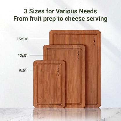 Bamboo Cutting Board Set, 3-Piece Carbonized Wood Cutting Boards with Deep Juice Groove, Non-Slip Feet & Handles – Durable Cutting Board for Meat, Vegetables, Fruits, Charcuterie, Ideal Kitchen Gift