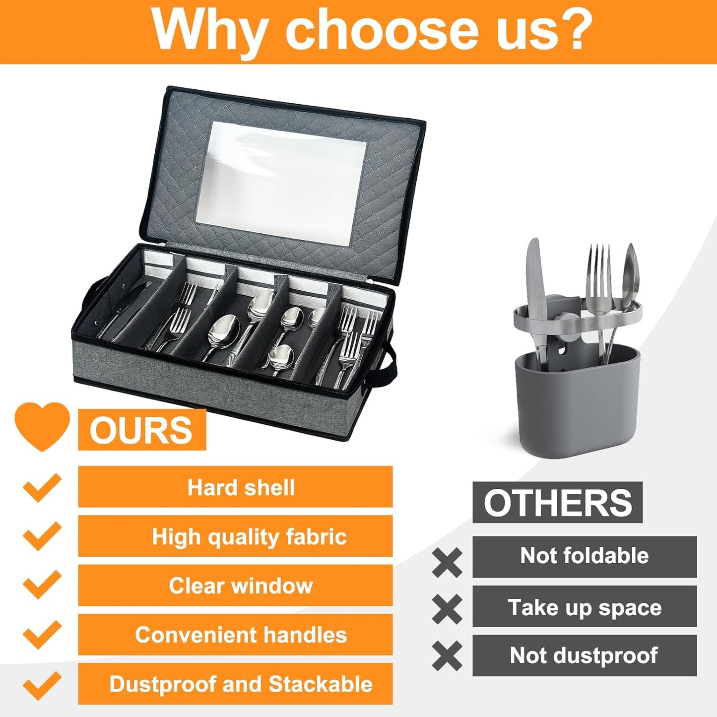 VERONLY 2 Pack Flatware Utensil Storage - Sturdy Silverware Storage Box with Dividers, 5 Compartment Flatware Storage Case with Handles and Removable Lid for Moving&Protected(Dark Gray)