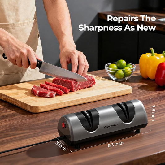 Electric Knife Sharpener, Professional Kitchen Knife Sharpener for Home Use, 2 Stages of Coarse Sharpening & Fine Polishing, Metal Dust Collection Box for Easy Cleaning, Silver Gray