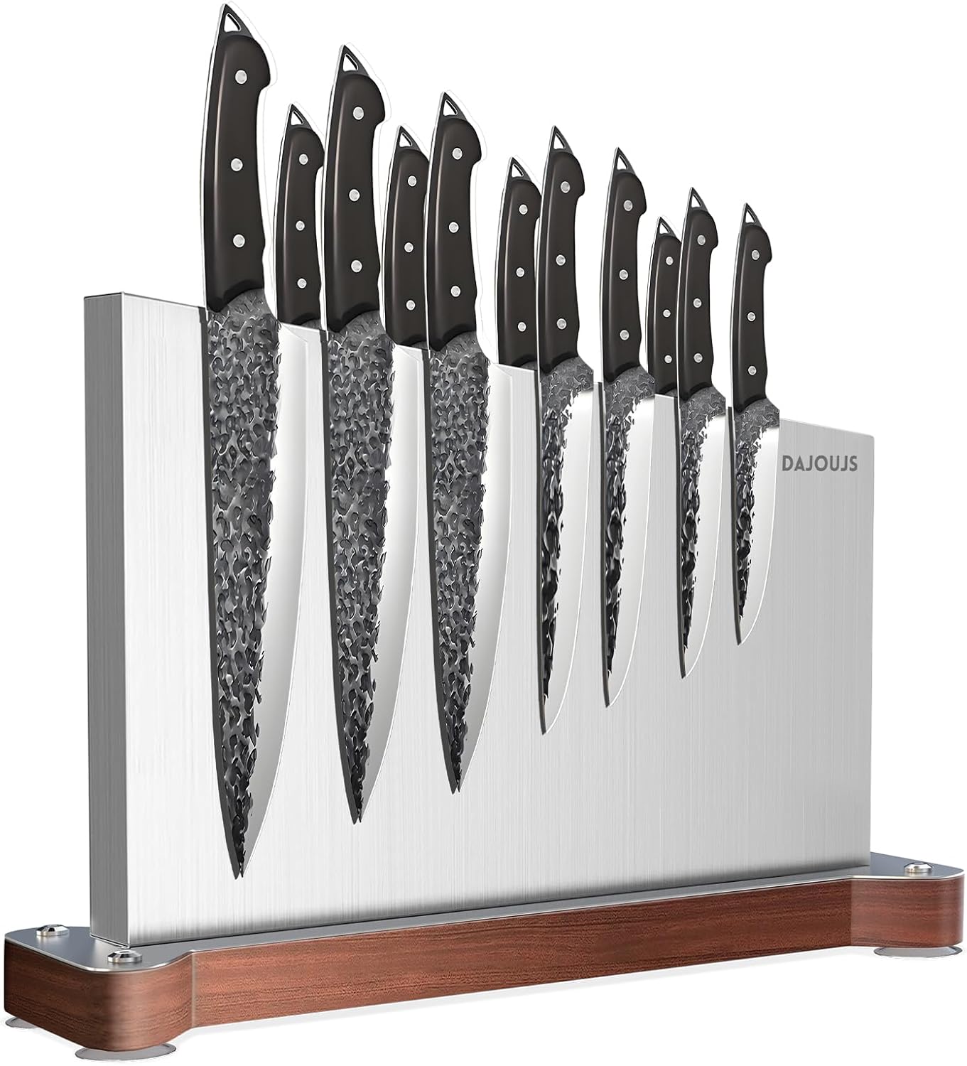 Magnetic Knife Holder, Stainless Steel Magnetic Knife Block without Knives, Strong Double Sided Magnet Knife Storage Strip with Wood Base for Kitchen Counter-Silver