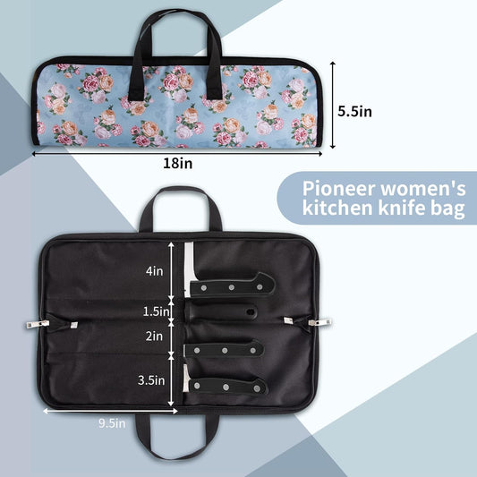 Chef’S Knife Roll Bag, The Pioneer Woman Kitchen Accessories Knife Bag, Knife Case 4 Slots for Home Knife Tools, Chef Knife Bag With Handle, Multi-Function Knives Pouch Holder Knife Wrap Tool Roll