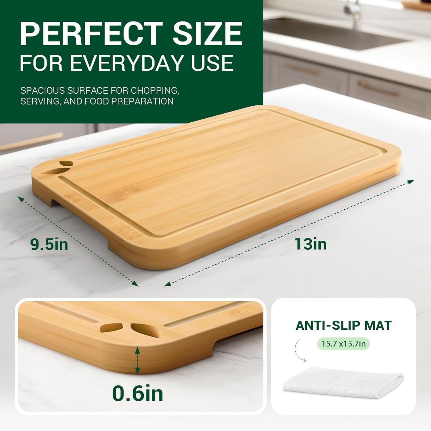 Bamboo Cutting Boards for Kitchen with Holder & Silicone Mat, Lightweight & Knife-Friendly Wood Cutting Board Set with Side Handles and Juice Grooves, Natural
