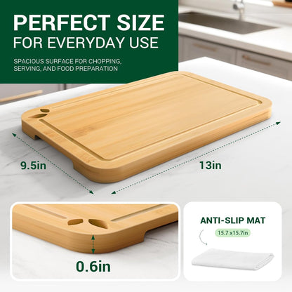 Bamboo Cutting Boards for Kitchen with Holder & Silicone Mat, Lightweight & Knife-Friendly Wood Cutting Board Set with Side Handles and Juice Grooves, Natural