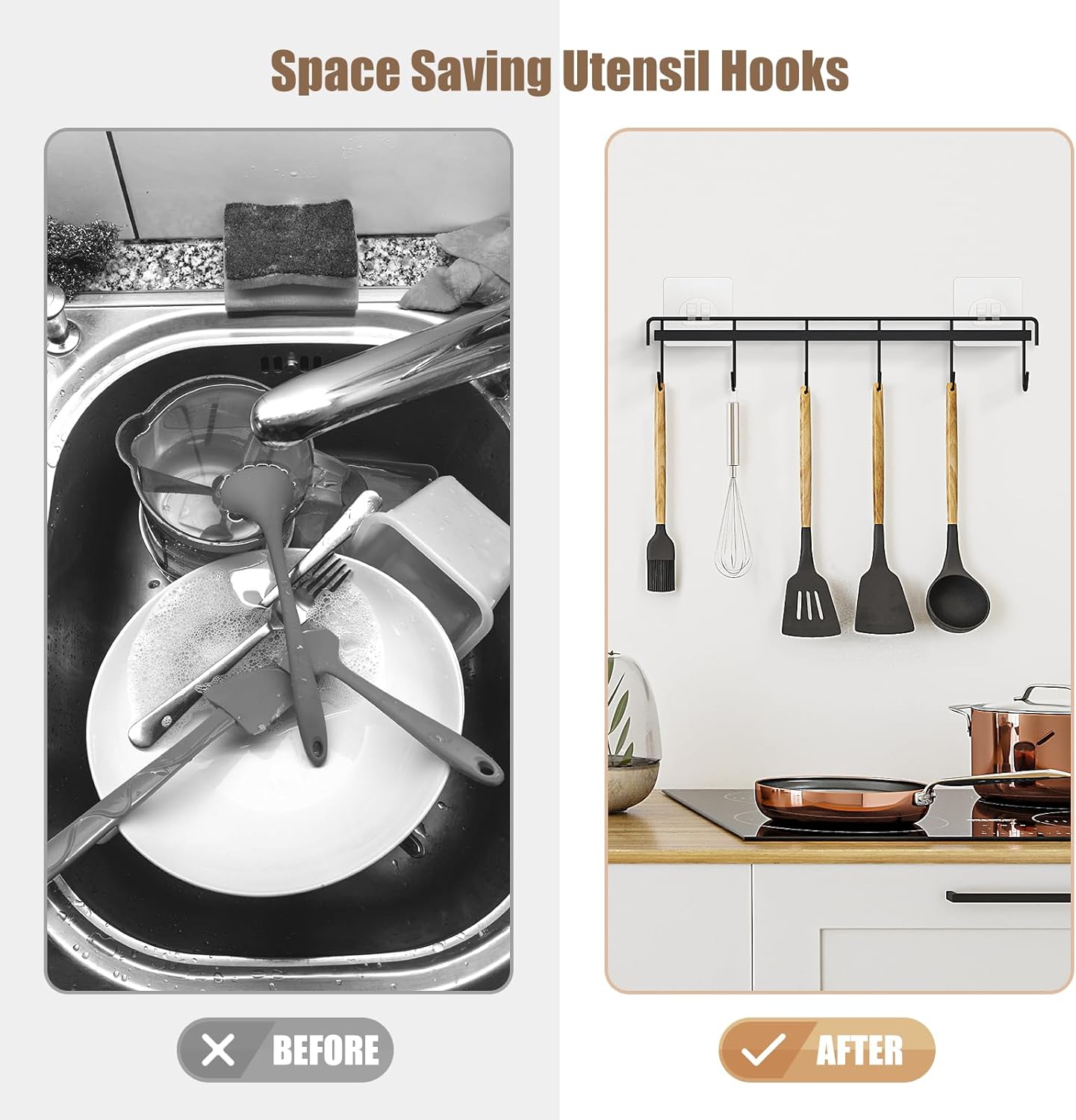 Kitchen Utensil Hanger, Adhesive Utensil Holder Wall Mount Kitchen Rack Rail with 12 Hooks, Space Saving and No Drilling, White, 2 Pcs