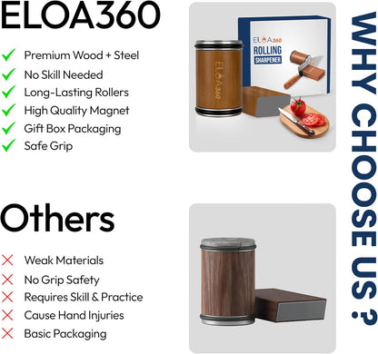 ELOA360 Knife Sharpener, Rolling Knife Sharpener Kit with Diamond and Ceramic Discs with 15° and 20° Magnetic Angle, kitchen knife sharpener, Razor-Sharp knife sharpening Tool