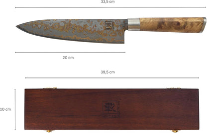zayiko MysticMagma Nakiri Damascus Knife, 17 cm Blade made of 67 Layers of Damascus Steel with copper and bronze Inlay, DualCurve Handle made of maple root Wood, wooden Box