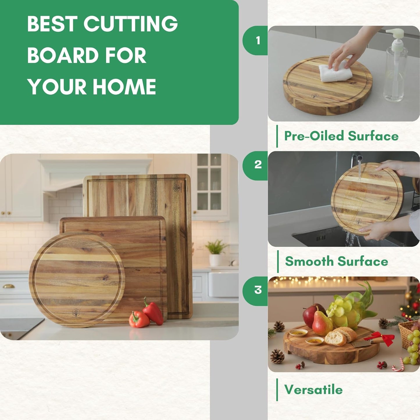 End Grain Acacia Wood Cutting Boards for Kitchen, 1.5 in Thick Butcher Block Construction for Stability, 15 x 10 in Medium Cutting Boards with Gift Box, Juice Groove and Handle