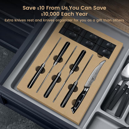 CoquusAid Steak Knives Set of 8, 4.8 Inch Straight Edge Ultra Sharp Durable Meat knives with Rest, High Carbon Stainless Steel Damascus Pattern Triple Rivet Handle, Ideal for Home Restaurant Party