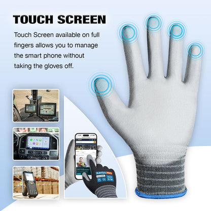 KAYGO Ultra Thin PU Coated Safety Work Gloves, 12 Pairs Nylon Knit, High Dexterity Anti-Slip Breathable Light Duty Gloves for Precision, Warehouse, DIY & Electronics (L,Gray)