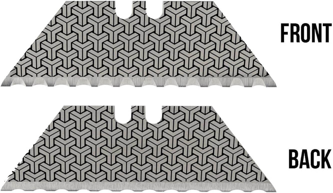 NDZ Performance Serrated Steel Blade Replacement for Utility Knife & Box Cutters, Custom Double Sided Laser Engraved Designs, Silver - Skull - 3 Pack