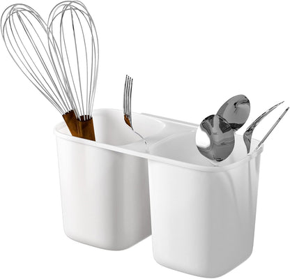 SANNO Dish Rack Utensil Holder, Hanging Cutlery Drainer Caddy with Hooks, 2 Compartment Flatware Organizer for Forks, Spoons, Knives, Fits Over Most Dish Drying Racks, Black