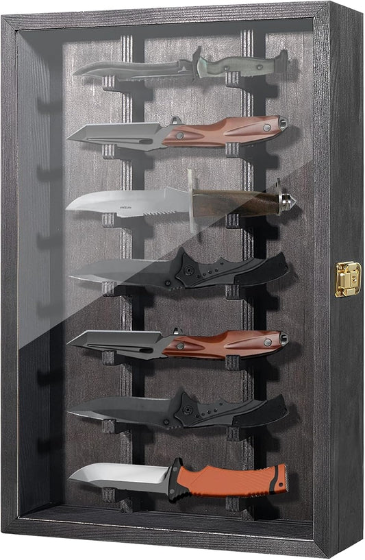 Pocket Knife Display Case, Knife Display Case for Wall, Solid Wood Knife Case for Collections, Pocket Knife Organizer with Lock, Black