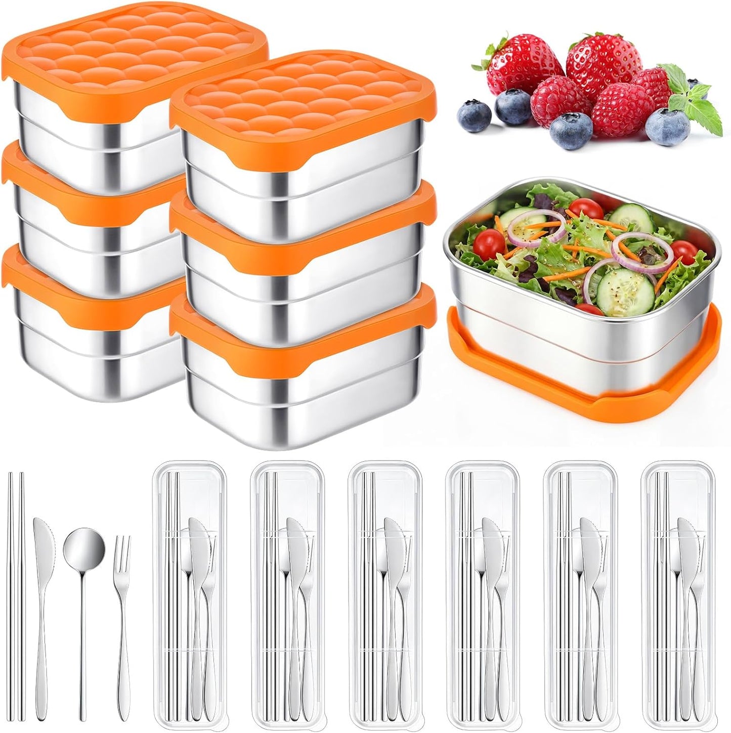 36 Pcs Stainless Steel Containers with Silicone Lids 14 oz Reusable Food Snack Containers Easy Open Lunch Box Include Chopsticks Knife Fork Spoon with Case for Travel Meal Prep Food Storage