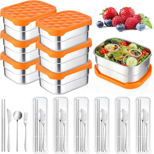 36 Pcs Stainless Steel Containers with Silicone Lids 14 oz Reusable Food Snack Containers Easy Open Lunch Box Include Chopsticks Knife Fork Spoon with Case for Travel Meal Prep Food Storage