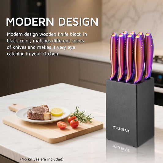 12 Slot Kitchen Knives Block, WELLSTAR Natural Wood Knife Holder without Knives – Hard Wood Countertop Knife Storage with Built-in Knife Sharpener - Black