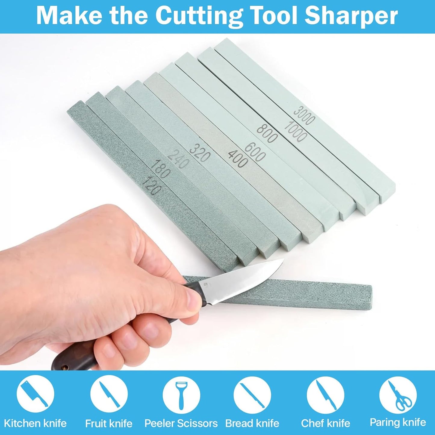 20 Pcs Sharpening Stone Set,Grit 80# 120# 180# 240# 320# 400# 600# 800# 1000# 3000# Rectangular Shaped Silicon Carbide Honing Whetstone for Scissor,Knife,Metal, Moldels-150 x12 x 12mm
