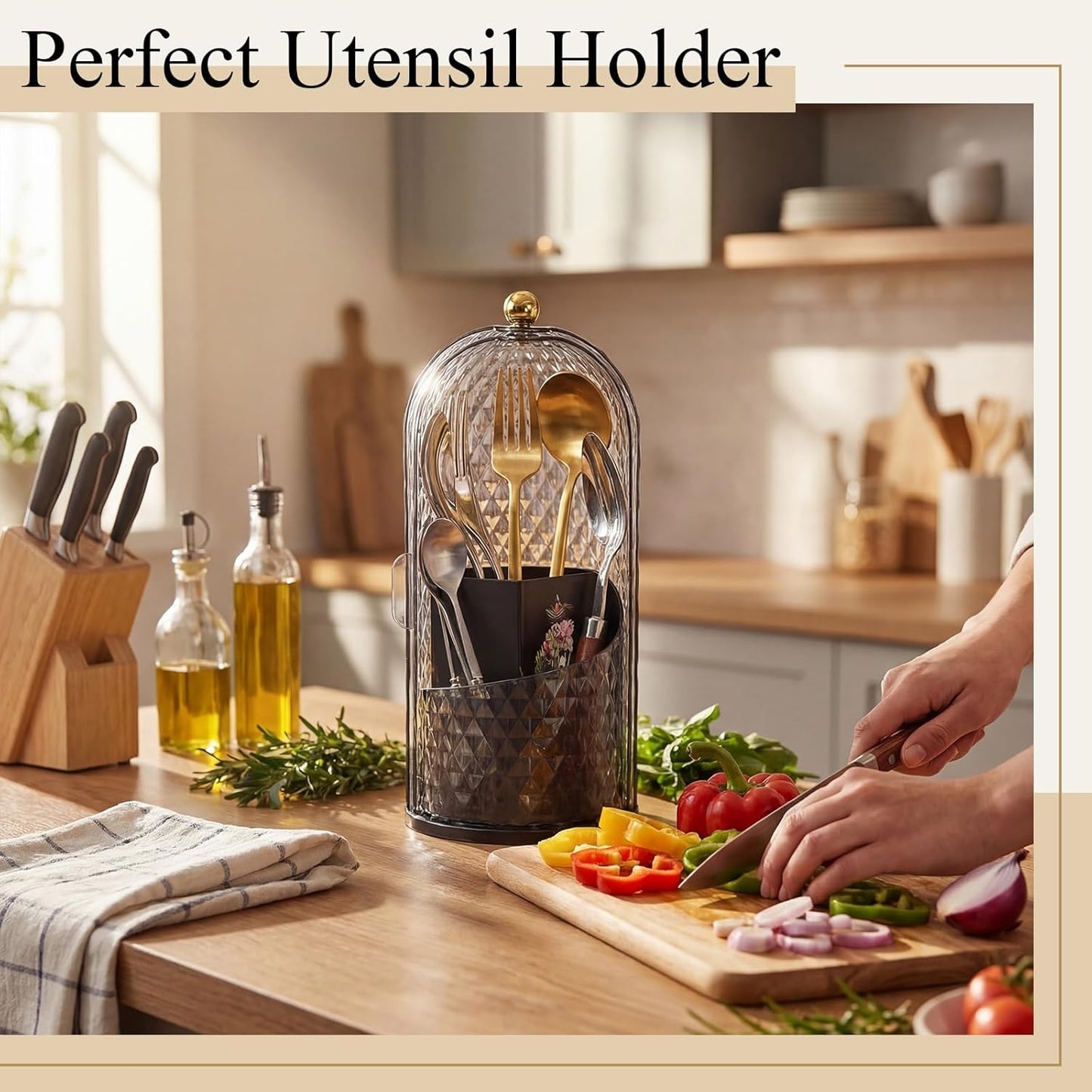 2 Pack 360° Rotating Silverware Organizer, Utensil Holder with Lid for Kitchen Counter Silverware Caddy with Drainage Dustproof Flatware Holder for Cutlery Spoon Fork(Diamond White,3 Slot)