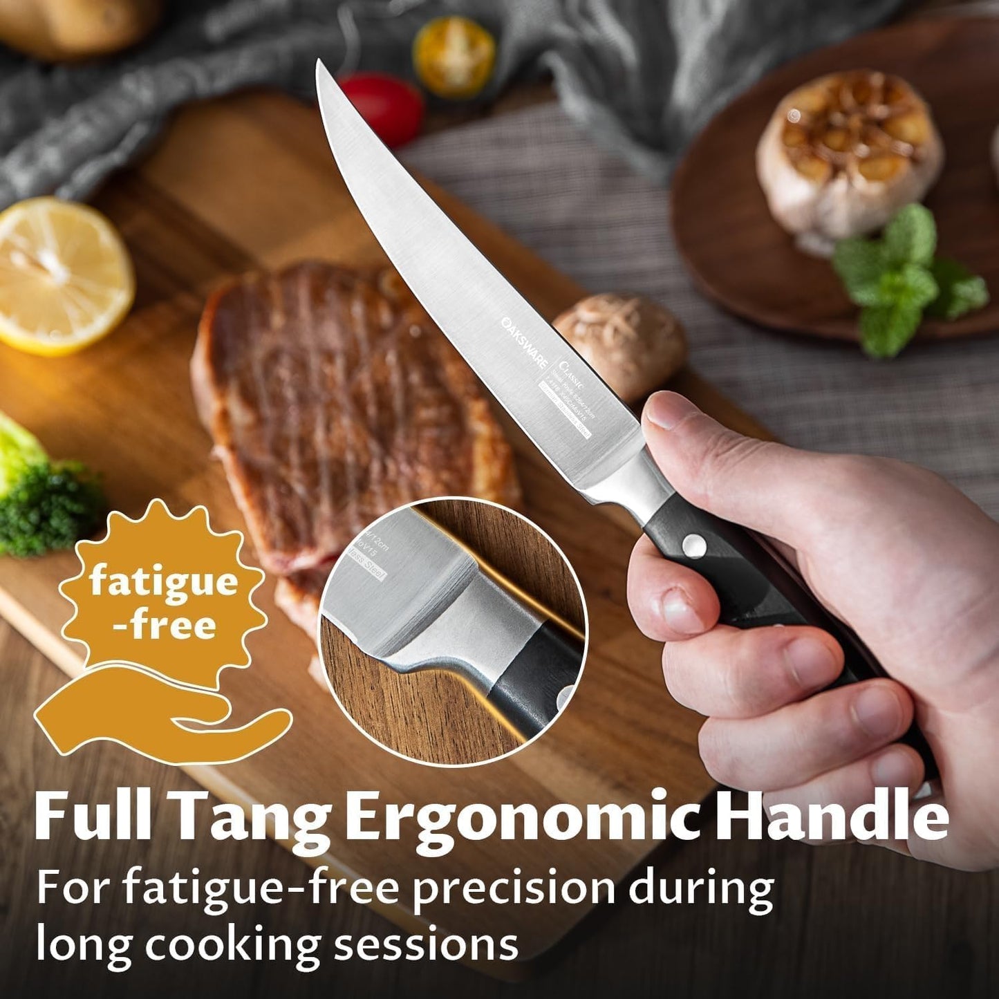 Steak Knives Set of 8, 5 Inch Non Serrated Steak Knife with Walnut Block, Razor-Sharp German Stainless Steel Dinner Knives, Durable Full Tang Forged Straight Edge Meat Knife for Home Dining&Gift