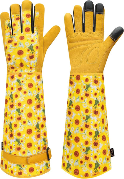 DLY Gardening Gloves for Women, Rose Gloves Gardening Thorn Proof, Long Garden Gloves for Women, Breathable Cowhide Leather Gauntlet (Medium, Blue)