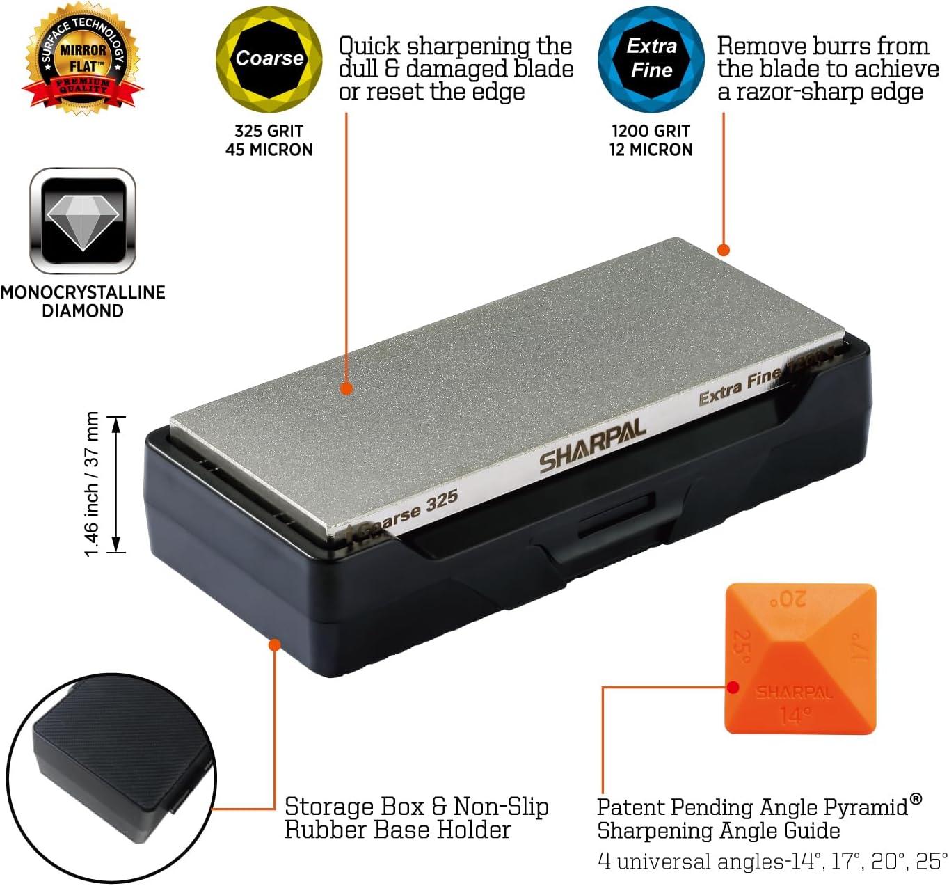 SHARPAL 162N Double-sided Diamond Sharpening Stone Whetstone Knife Sharpener |Coarse 325 / Extra Fine 1200 Grit | Storage Case with NonSlip Base & Angle Guide (8 in. x 3 in.) Fathers Day Gift