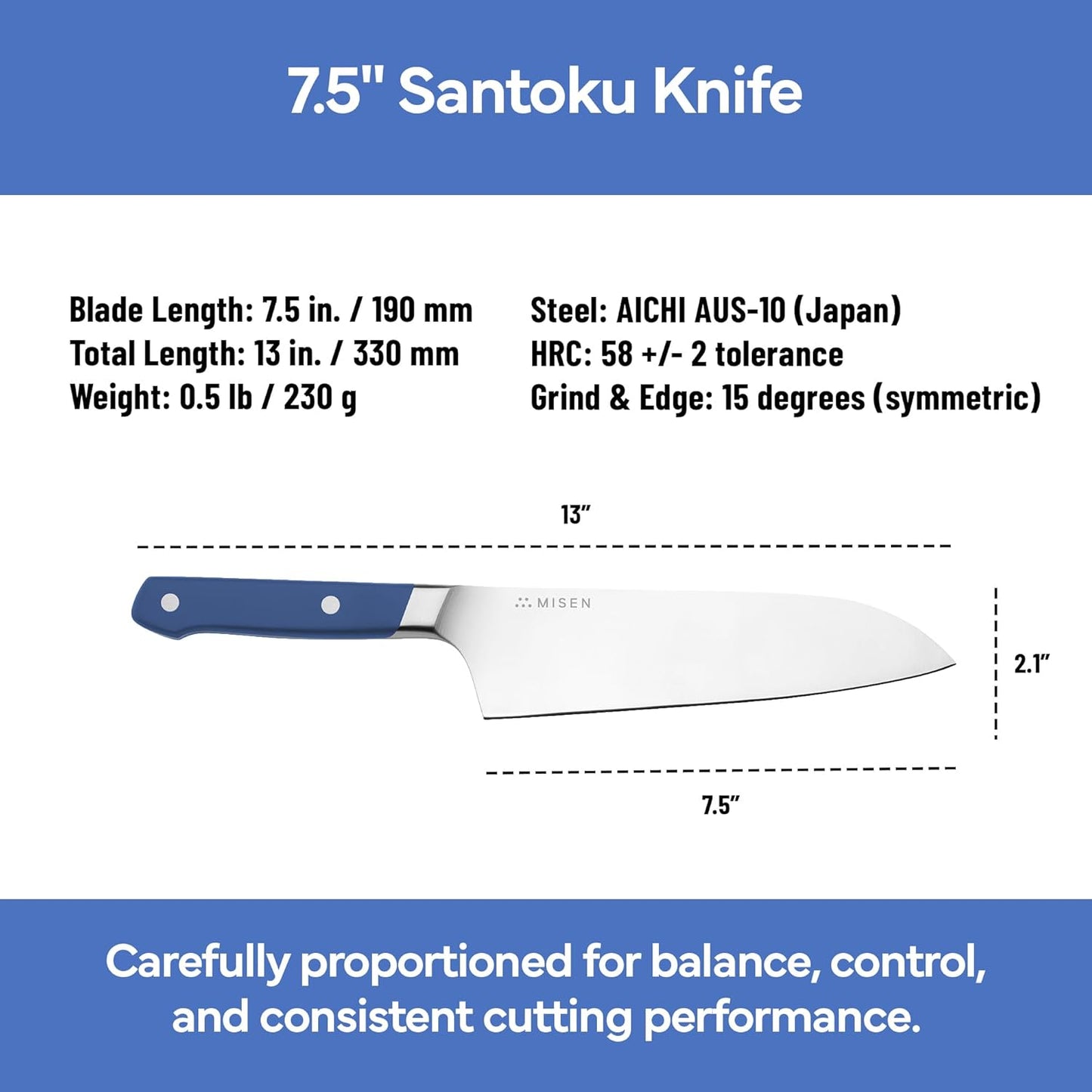 Misen 7.5" Santoku Knife - High Carbon Stainless Steel - Classic Japanese Chef Knife Design for Cutting, Slicing, and Chopping - Razor Sharp Japanese Style Kitchen Knife - White